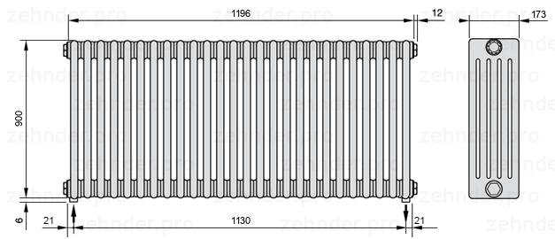 Схема (чертеж) Радиатор Zehnder Charleston 5090/26 №5310 Белый глянцевый RAL 9016